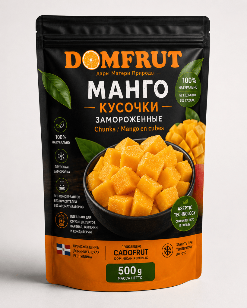 Замороженное манго DOMFRUT – 500 г. Натуральные кусочки манго. Без сахара, без консервантов. Модель: Ксения Ханчар.